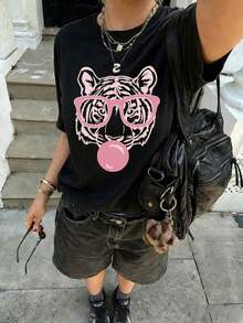 Camiseta de manga corta verde con cuello redondo, de estilo suelto y versátil, con estampado de boca de tigre y burbujas, de moda minimalista de verano para mujer, adecuada para el uso diario y de vacaciones - Negro - Ver 5