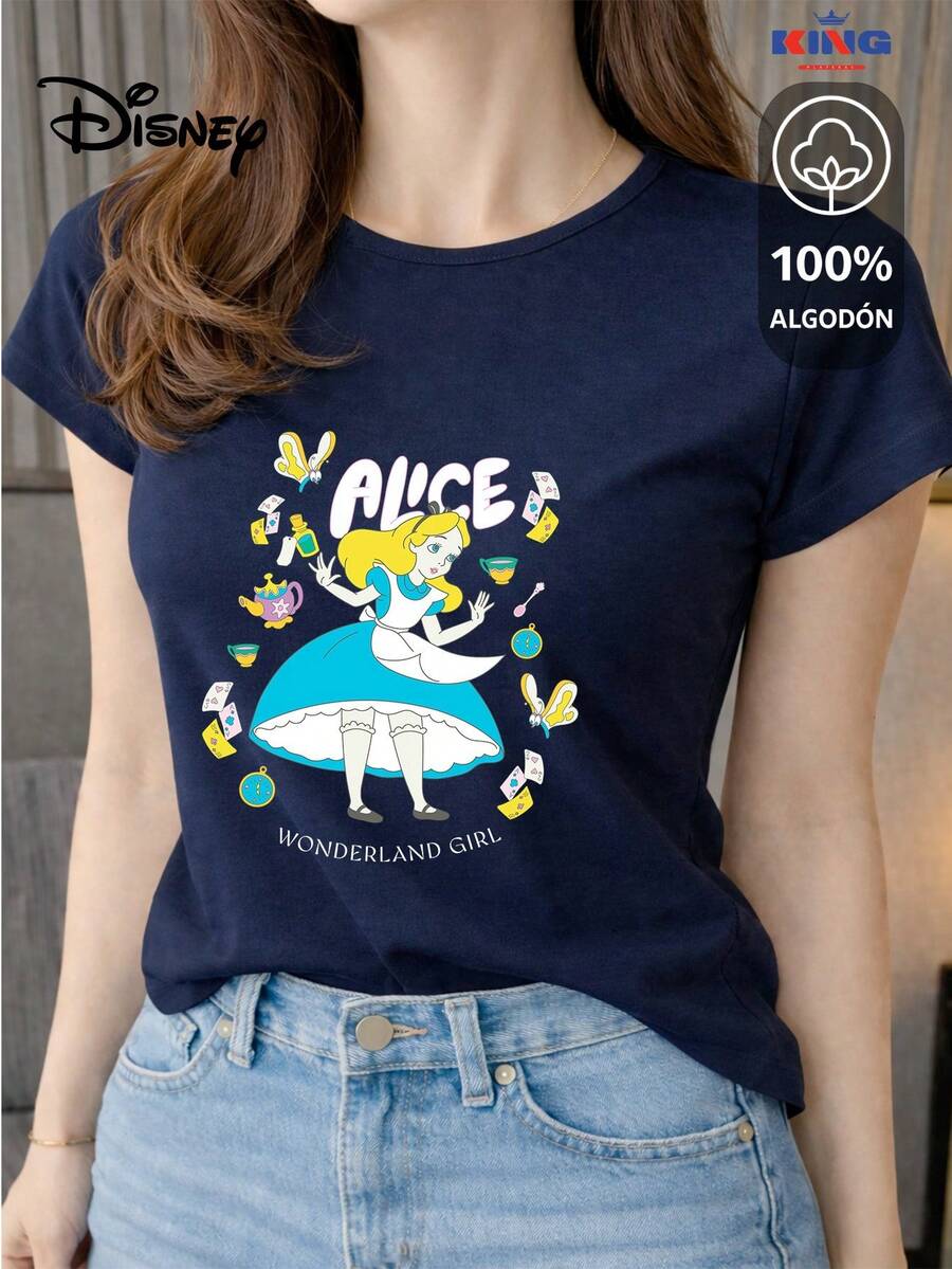 Women's T-Shirt Made Of 100% High-Quality Cotton, This T-Shirt Guarantees Exceptional Softness To The Touch, Round Neck With "Disney Alice Journey" Print And Short Sleeves - 藏蓝色 - 查看 1