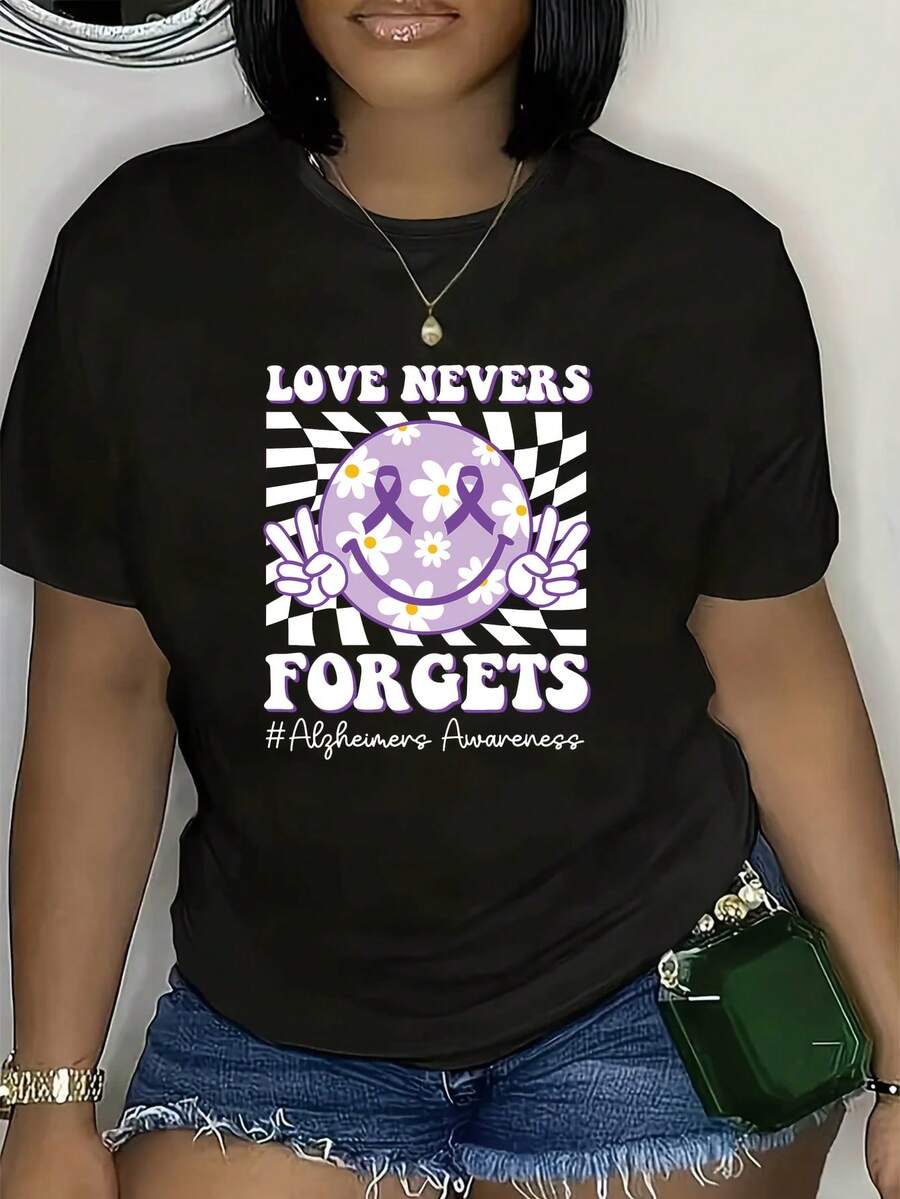 Plus Size - Women's Alzheimer's Awareness T-Shirt - "Love Never Forgets" Design With Purple Ribbon And Floral Embellishments, Casual Short-Sleeved Crew Neck T-Shirt, Machine Washable, Comfortable For All Seasons, Suitable For Summer And Year-Round Wear, Comfortable For Everyday Wear, Snug Fit, Durable Construction, Supportive Clothing, For Those Seeking Comfort. - 黑色 - 查看 1