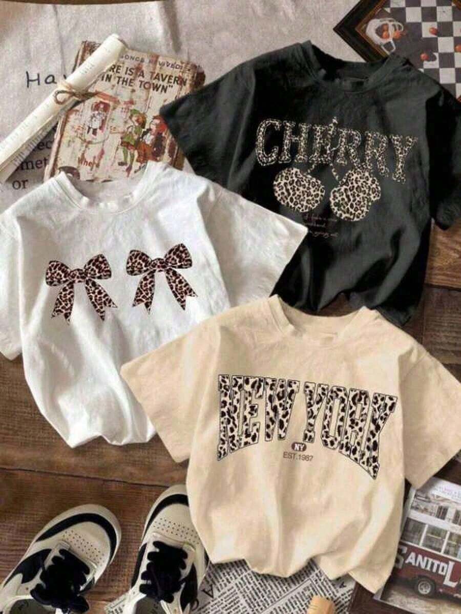 3-Piece New Fashion Styles Casual Cotton T-Shirt For Women, Sporty And Suitable For Spring, Summer, Autumn, And Winter. Basic Women's Crew Neck Short Sleeve Graphic Print, Cherry Bow, New York Animal Print. Modern Casual Style, Soft Texture. Fortiz - 黑色 - 查看 1