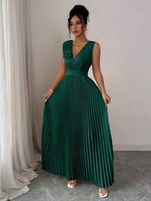 Vestido de verano de cuello en V azul claro con cintura ceñida, aplicación floral en el pecho y falda plisada en línea A, elegante estilo francés - Verde Oscuro - Ver 7