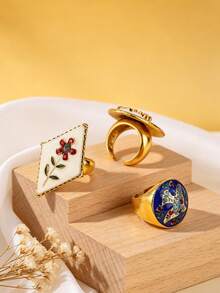 Bộ 3 chiếc nhẫn tráng men nhiều màu sắc theo phong cách Baroque, thiết kế nhẫn hở hoa văn cổ điển thủ công, thể hiện cá tính đa dạng, trang sức cao cấp, nhẫn sang trọng kiểu Tây Ban Nha cổ điển dành cho nữ, phụ kiện trang sức tinh tế cho các bữa tiệc ngày lễ. - Nhiều màu - Xem 5