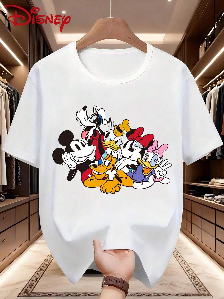 Disney 迪士尼米奇和朋友图案印花男士休闲圆领短袖T恤,略带弹性,不透光,易打理面料,适合户外活动和日常穿着。 - 白色 - 查看 1