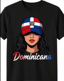Camiseta estampada para mujer, chica dominicana, bandera de la República Dominicana, orgullosa dominicana, mismo estilo para hombres y mujeres, estampado de manga corta de verano, 220G, conjunto casual de verano, moda heredada, camiseta de estilo vintage, top de diseño retro, tela ligera, playera para verano. - Negro - Ver 1