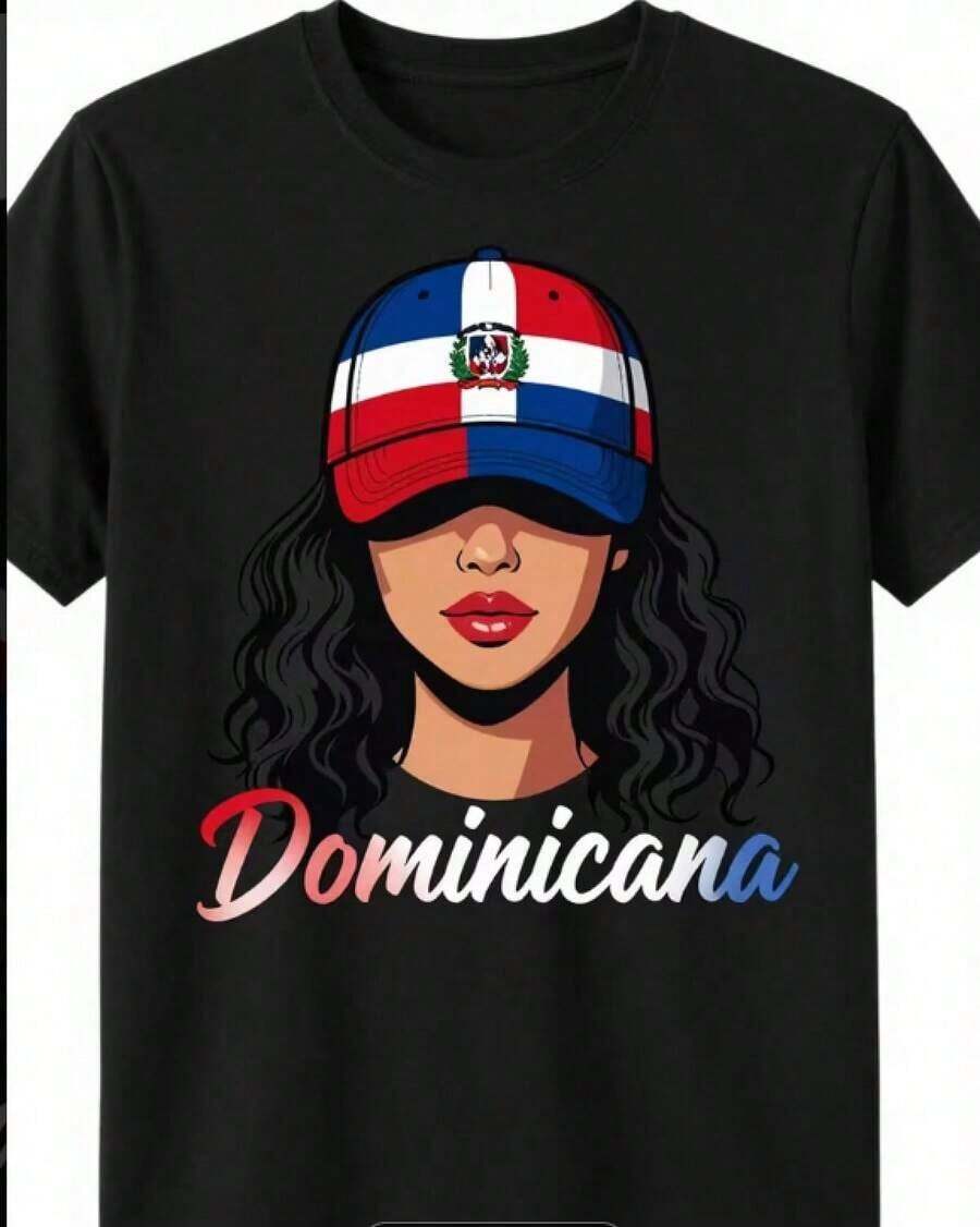 Camiseta estampada para mujer, chica dominicana, bandera de la República Dominicana, orgullosa dominicana, mismo estilo para hombres y mujeres, estampado de manga corta de verano, 220G, conjunto casual de verano, moda heredada, camiseta de estilo vintage, top de diseño retro, tela ligera, playera para verano. - Negro - Ver 1