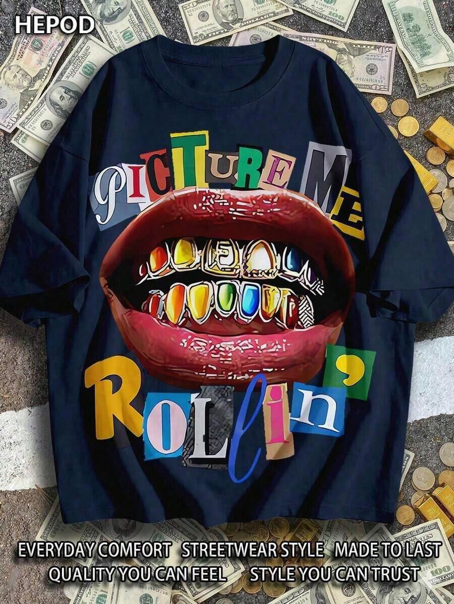 Camiseta de Mujer% Algodón PICTURE ME ROLEIN, Street Wear, Y2K, (Camiseta de Algodón Estilo Streetwear) Camisetas Gráficas para Hombre, Cuello Redondo, Corte Holgado, para Viajes de Otoño y Vacaciones, Unisex, Estilo Gótico y Y2K. Nuevas Camisetas Casuales para Hombre y Mujer. - Azul Marino - Ver 1