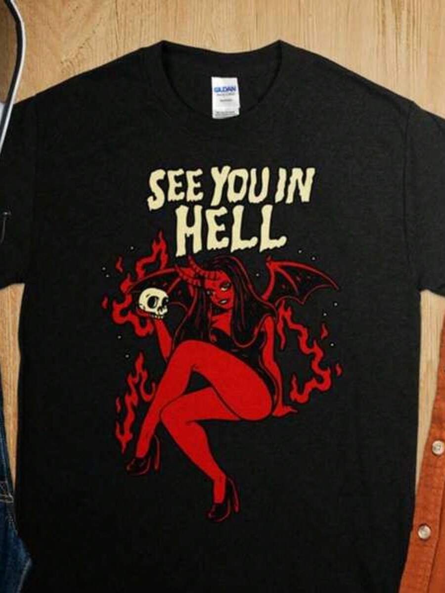 Camiseta de manga corta con cuello redondo y estampado para mujer Nos vemos en el infierno, mujer diabólica S-3XL moda, cómodo y transpirable unio lavable a máquina
