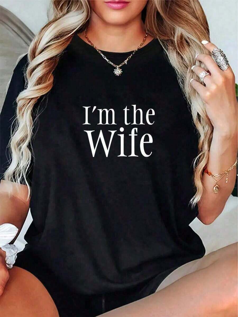 Camiseta 100% Algodón "Soy la Esposa" - Divertida Camiseta de Comedia para Parejas, Regalo para Amantes, Ropa Fresca de Verano para Mujer - Negro - Ver 1