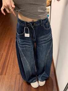 Women's High-Waisted Baggy Jeans, Tie-Dye Gradient Effect, Contrasting Stitching, Wide Palazzo Silhouette, Dark Washed Denim, Casual Streetwear Style Ideal For Urban Looks And Autumn/Winter. - 牛仔藍 - 查看 6