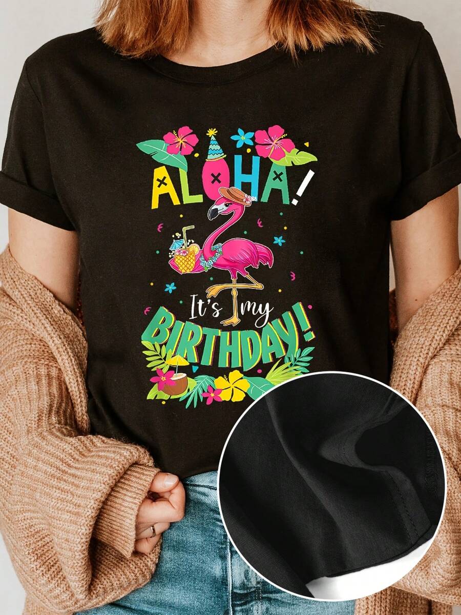 Camiseta de moda con estampado de letras "Feliz Cumpleaños Flamingo Hawaiano", top casual de manga corta y cuello redondo, adecuada para primavera y verano, ropa de mujer para uso diario. - Negro - Ver 1