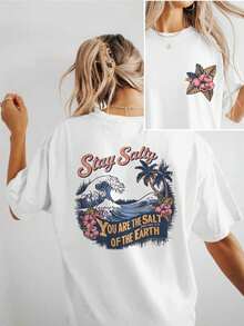 1 Piece [Double-Sided Print] Vintage-Style Off-The-Shoulder Short-Sleeve T-Shirt With Wave, Flower, And Letter Print, Salty [Lang] 100% Cotton - 白色 - 查看 1