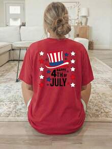 [Double-Sided Print] Women's Short-Sleeved, Crew-Neck T-Shirt In A Casual Style, Featuring A US Independence Day Print That Combines The Star-Spangled Banner With Star-Shaped Text. Machine Washable, Suitable For Casual Wear, Versatile Clothing, A  And Fashionable T-Shirt Made Of Comfortable Material, Perfect For Fashion Enthusiasts. - 紅色 - 查看 3