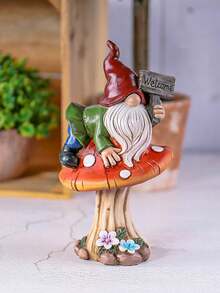 Tượng người lùn đội mũ đỏ cao 6,9 inch, tựa trên cây nấm, vật trang trí ngoài trời dễ thương cho khu vườn, sân, bãi cỏ, hiên nhà. - Nhiều kiểu dáng - Xem 1