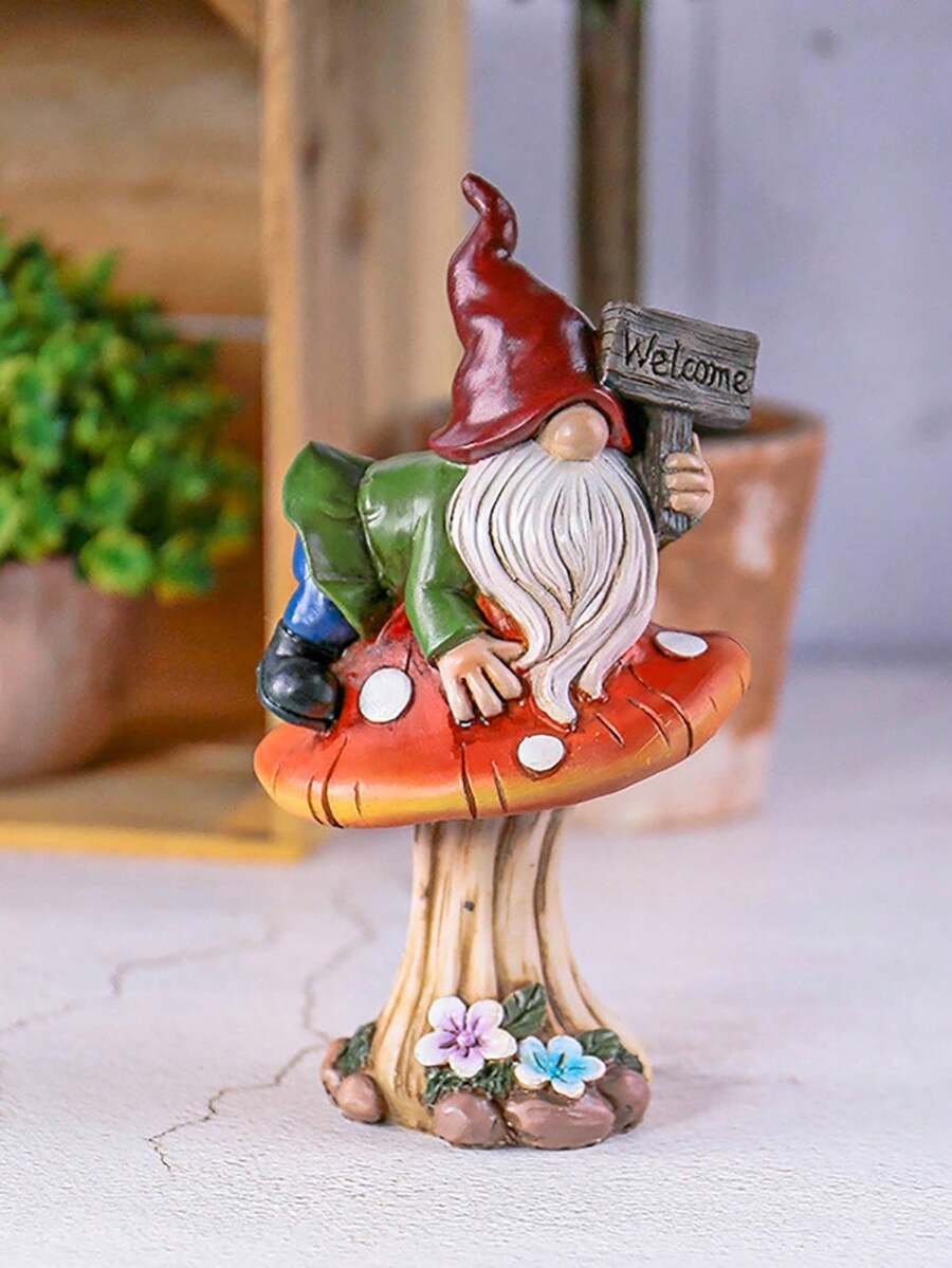 Tượng người lùn đội mũ đỏ cao 6,9 inch, tựa trên cây nấm, vật trang trí ngoài trời dễ thương cho khu vườn, sân, bãi cỏ, hiên nhà. - Nhiều kiểu dáng - Xem 1