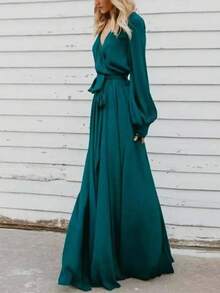 Long, Plain Dress With A Deep V-Neck, New Season European Style, Elegant, Best-Selling Women's Party Dress. - 綠色 - 查看 5