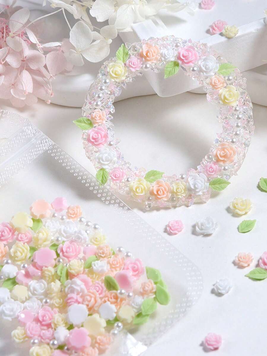1包粉白相间的3D山茶花树脂填充材料；混合绿叶和仿珍珠环氧树脂DIY工艺品材料，适用于制作发夹、相框、耳环配件和DIY钥匙扣；海洋主题树脂填充材料