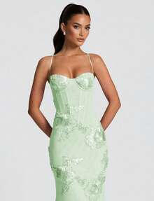 Shiny Floral Embroidered Elegant Sexy Semi-Sheer Backless Floral Mesh Dress, Suitable For Party, Anniversary, Graduation, Formal Dinner - Mint Green - View 3