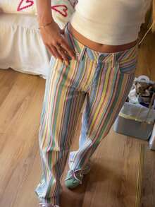 Women's Rainbow Striped Straight Leg Jeans, Casual Street Style Pants For Spring/Summer, Holiday Outfits - Multicolor - View 6
