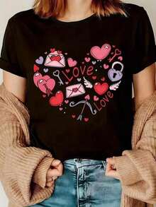 1 Piece Women's Love Print T-Shirt, Valentine's Day Print T-Shirt, Pink Heart T-Shirt, Love T-Shirt For Women, 180g, 100% Cotton - 黑色 14 - 查看 11