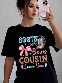 Women's Casual T-Shirt With Graphic Print "Boots Or Bows Cousin Loves You", Soft And Comfortable, Gift For Birthday, Christmas, Thanksgiving - 黑色 - 查看 5