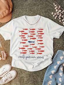 Camiseta Casual  Mujer 1 pieza - Estampado Gráfico de Peces en Rojo y Azul sobre Blanco, Corte Regular, Cuello Redondo, Lavable a Máquina, Moda de Playa de Verano, Regalo Perfecto  Mujeres, Camiseta Cómoda - Blanco - Ver 7