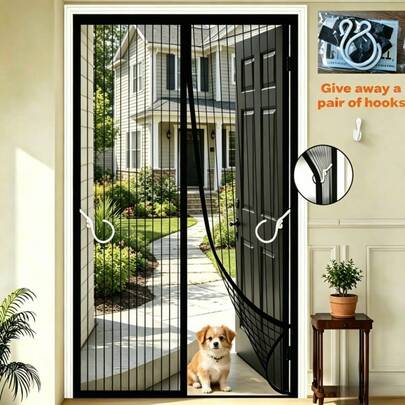 Magnetic Screen Door, Hands-Free Mesh Curtain, Auto Close Bug Screen Door, Hook & Loop Easy Install, Pet & Kid Friendly, 1 Pair Of Hooks Included Free