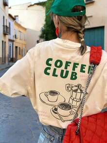 Nueva Camiseta de Verano para Mujer, Estilo Simple y Moderno, con Estampado de Letras y Diseño de Cafetera Moka, Cuello Redondo, Manga Corta, Casual, Versátil y a la Moda. - Albaricoque - Ver 7