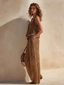 Loose-Fitting Set Of V-Neck Blouse And Wide-Leg Pants With Leopard Print Vacation Style - 豹紋 - 查看 2