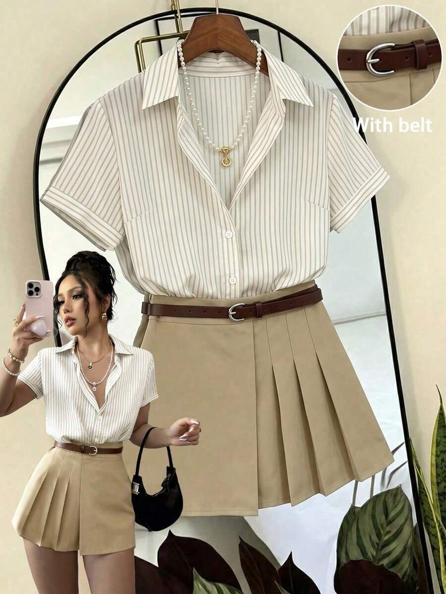 Conjunto de 2 piezas de camisa de manga corta a rayas y falda plisada de estilo casual de verano - Multicolor - Ver 1