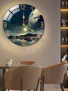 1PC Silent Wooden Wall Clock Silent Round Wooden Wall Clock - Earth Landscape Design, Battery-Powered Decorative Timepiece For Living Room Or Kitchen, Modern Style, Clock Wall Decor - Multicolor - View 4