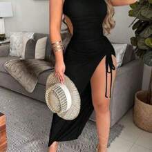 Nana's Women's Clothing Store  Vestido de verano para mujer con ajuste ceñido, cordón, diseño rasgado y estampado, vestido de verano largo para outfit de mujer - Negro - Ver 1