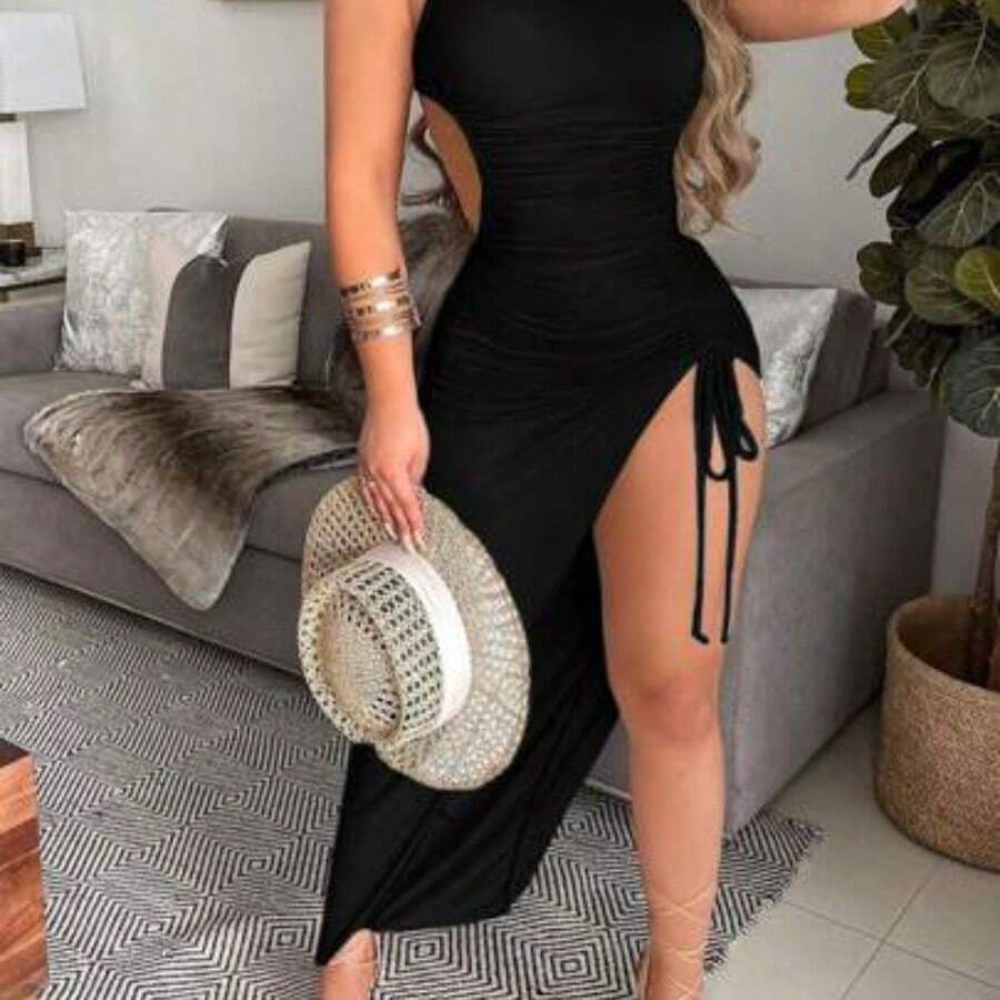 Nana's Women's Clothing Store Vestido de verano para mujer con ajuste ceñido, cordón, diseño rasgado y estampado, vestido de verano largo para outfit de mujer - Negro - Ver 1