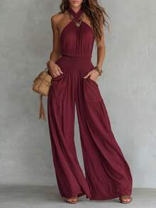 Bohemian-Style Sleeveless Wide-Leg Jumpsuit With Open Back, Ruching, And Pockets - Rouge - View 3