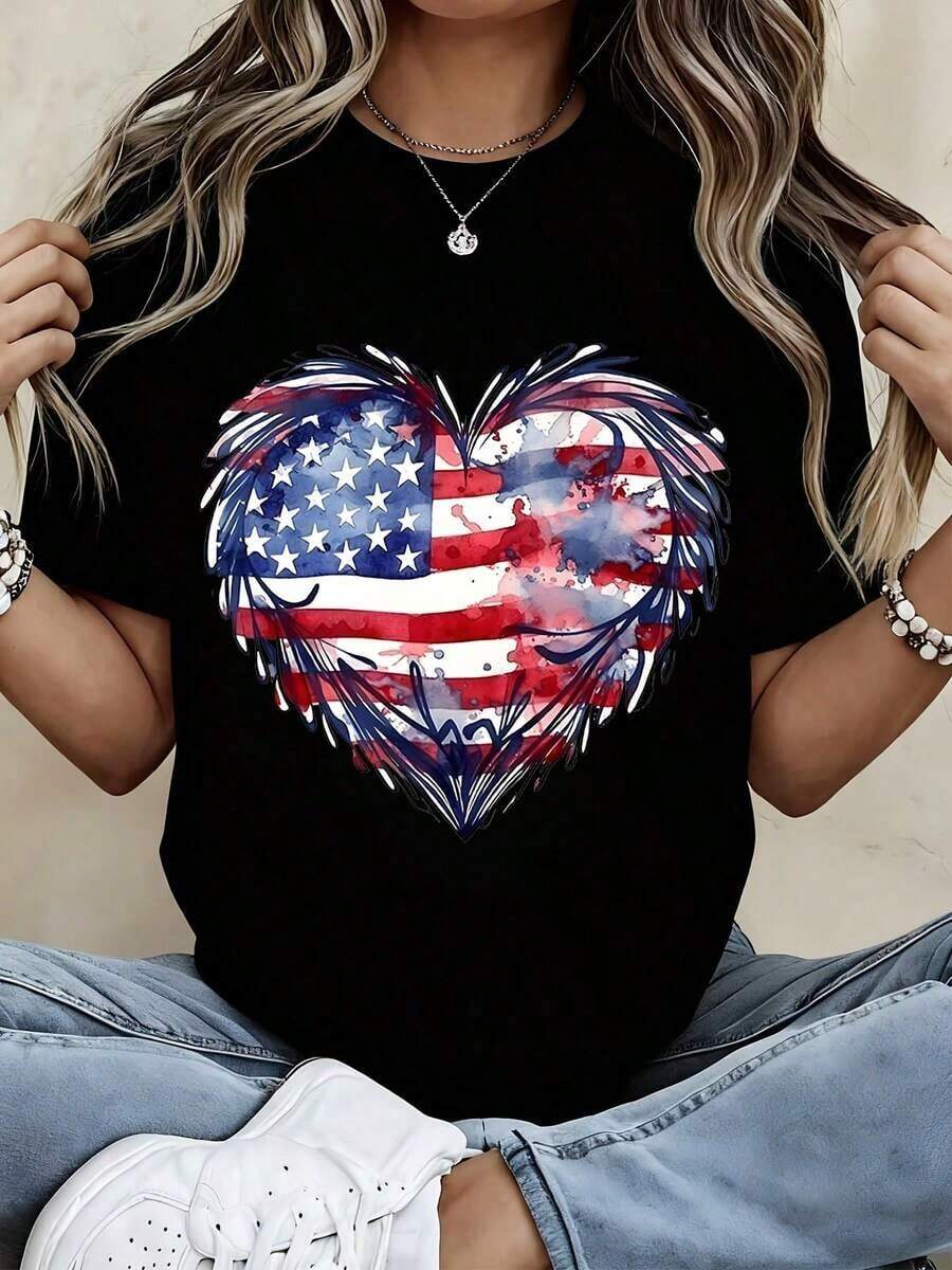 Soft And Stylish Women's T-Shirt With Heart And American Flag Print, Casual Summer Top For Patriotic Independence Day Celebrations - 黑色 - 查看 1
