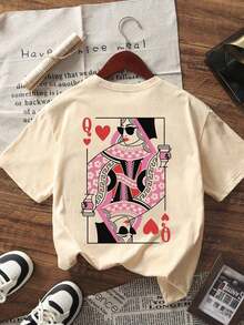 Camiseta de manga corta de holgada con estampado de la reina de picas, nueva y casual, versátil y de moda para mujer, color blanco Ropa deportiva estilo Y2K, cuello redondo, 100% algodó - Albaricoque - Ver 2