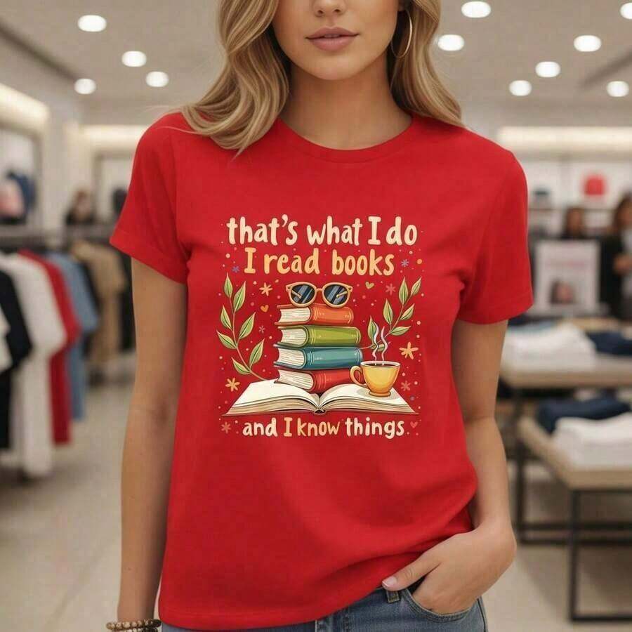 Women's Cotton T-Shirt - That's What? I Do It I Read Books And I Know Things Graphic Print Short Sleeve Casual Tee, Sizes S-5XL Women's Graphic Tee, Casual Soft Cotton Tee, Print Top, Cute Women's Shirt Everyday Wear, Gift For Her, Short Sleeve Cool Summer Clothes By Ms. Tee - 紅色 - 查看 1
