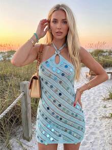 FOR BEAUTY Summer Y2K Women Dresses Blue Halter Neck Sequin Bodycon Mini Dress Slim Fit Beach Vacation Party Festival Casual Chic Dating Outfit - Blue - View 6