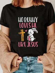 Camiseta Deportiva Casual para  con Diseño de Conejo y Corazón en Texto Blanco, Rosa y Amarillo - Camiseta Elástica de Cuello Redondo, Lavable aáquina, Ajuste Cómodo y Perfecta para Todas las Estaciones, para Uso Diario. - Negro - Ver 6