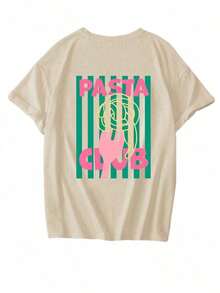 Nueva Camiseta de Verano con Diseño a Rayas y Estampado de Comida Italiana, Cuello Redondo, Manga Corta, Casual, Moderna y Versátil para Mujer - Estilo Vintage Urbano, Unisex, de Algodón, Cuello Redondo, Manga Corta, Blusas para Mujer. blusas.blusas casuales para dama. - Albaricoque - Ver 3