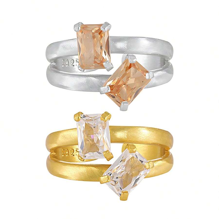 18K金雙石女款戒指,925純銀可調節雙層鋯石日常珠寶 - Zircon Ring - 查看 1