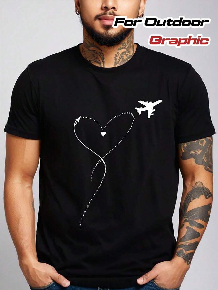 Men's T-Shirt With Airplane Design And Feminine Silhouettes In Black And White - Round Neck - Casual Stretch Top, Suitable For Gym, Outdoor Activities And Daily Wear - Lightweight And Breathable Men's T-Shirt, Ideal For Aviation Enthusiasts And Couples. - 黑色 - 查看 1