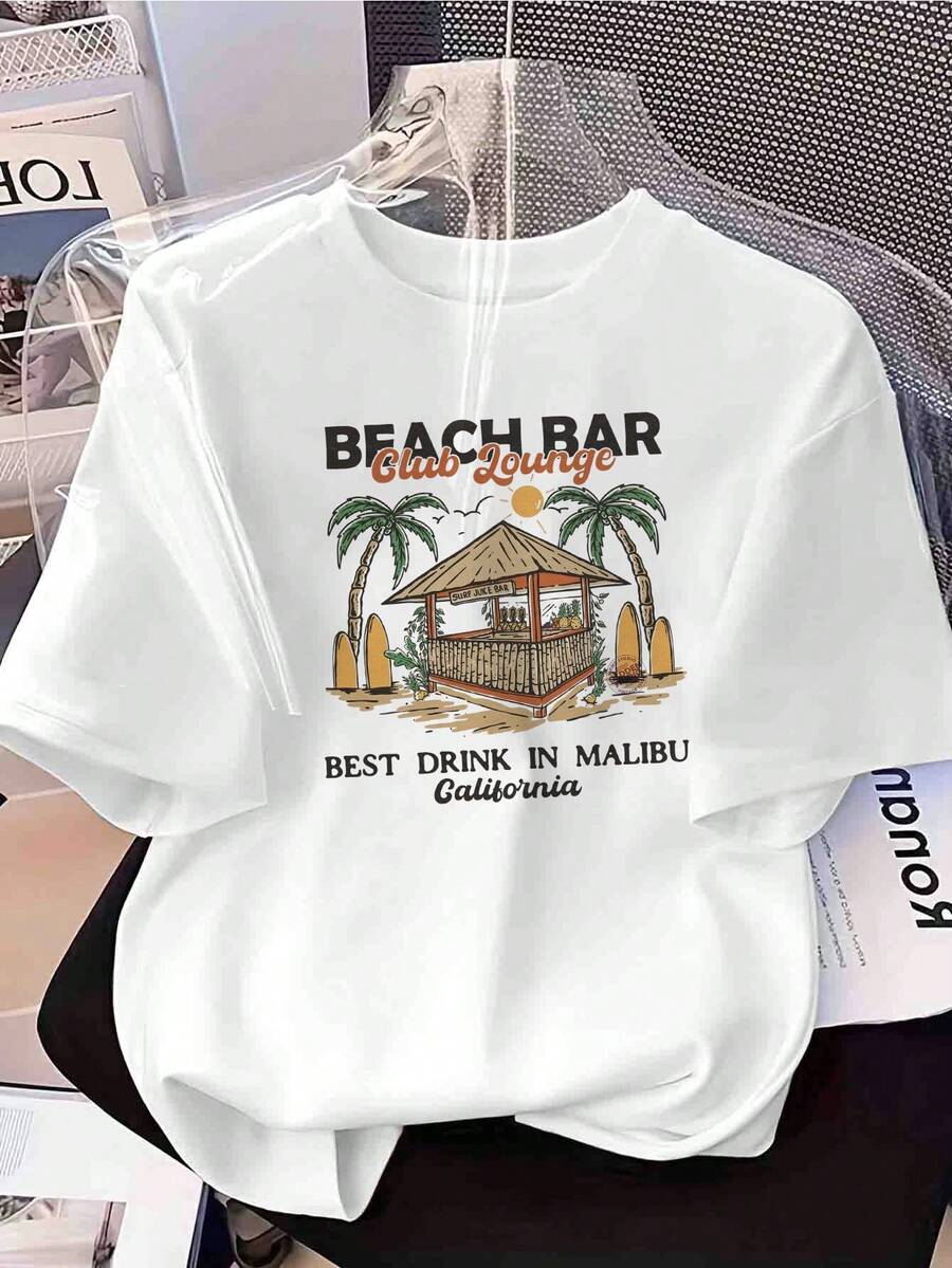Women's Pure Cotton T-Shirt With A Simple And Versatile Design, Ideal For The Beach, Bar, Or Leisure Activities. Features A Crew Neck, Lightweight Construction, A Whimsical Design, And Iconic Quotes, Making It Perfect For Spring/Summer, Vacations, And Parties. Machine Washable And Comfortable For Casual Wear And Parties. - 白色 - 查看 1