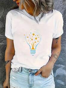Women's T-Shirt With Creative Star And Light Bulb Print - Soft, Stretchy, And Breathable Fabric, Loose Fit, Round Neck, Short Sleeve, For Casual Summer Wear, Outdoor Activities And Fitness, Women's T-Shirts, Casual Clothing, Informal Style, Machine Washable T-Shirt - 白色 - 查看 1