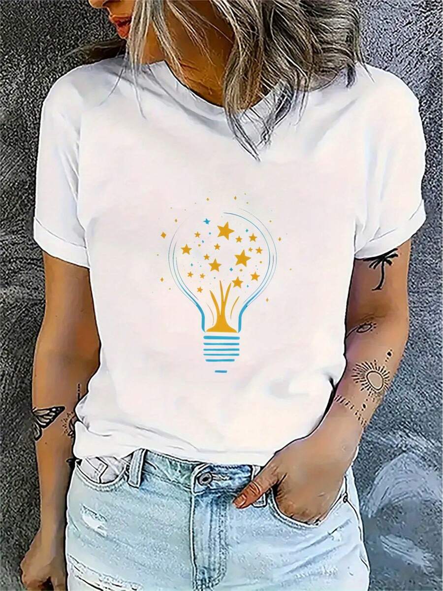 Women's T-Shirt With Creative Star And Light Bulb Print - Soft, Stretchy, And Breathable Fabric, Loose Fit, Round Neck, Short Sleeve, For Casual Summer Wear, Outdoor Activities And Fitness, Women's T-Shirts, Casual Clothing, Informal Style, Machine Washable T-Shirt - 白色 - 查看 1