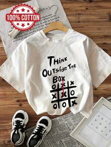 Topers de Mujer para Primavera y Verano, Estilo Graffiti, Patrón a Cuadros, Texto 'Think Outside The Box', Hecho de Puras, Casual, Corte Holgado, Camiseta de Manga Corta con Cuello Redondo - Blanco - Ver 2