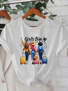 Limited Time Offer, Limited Quantities, Flash ! Women's Casual Shirts, Women's Polyester T-Shirts, Elegant Shirts. 1 Women's Summer Short Sleeve T-Shirt - 2D Geometric Print Of Three With Suitcases, "Trip" Slogan For Energy.  Urban Style | Youthful Design | Comfortable Fit, Cute Clothing - 白色 - 查看 7