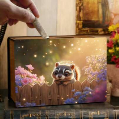 Handmade Wooden Artistic Coin Bank - Decorative Rectangular Coin Storage Box With Artistic Print Pattern, Suitable For Home Decor, Library Display, Halloween And Christmas Gifts, Small Item Storage