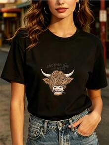 Women's Casual Blouse, Simple Style For Everyday Wear, 180g Denim T-Shirt - Country Style, Comfortable And Casual T-Shirt, Perfect For Family Barbecues, Corporate Events And Summer Gifts.| Another Day In The West: Comfortable, Soft And Simple Short-Sleeved T-Shirt For Everyday Wear. - 黑色 - 查看 1