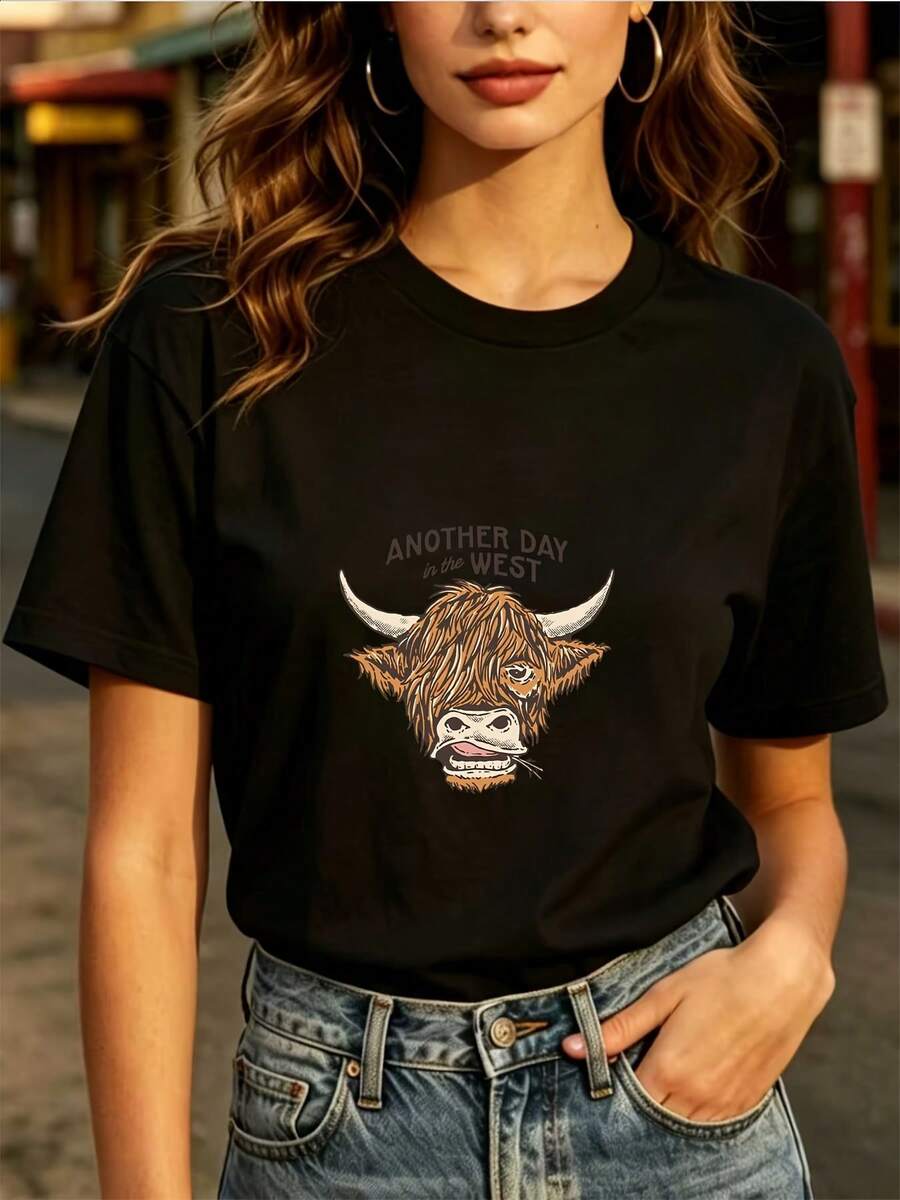Women's Casual Blouse, Simple Style For Everyday Wear, 180g Denim T-Shirt - Country Style, Comfortable And Casual T-Shirt, Perfect For Family Barbecues, Corporate Events And Summer Gifts.| Another Day In The West: Comfortable, Soft And Simple Short-Sleeved T-Shirt For Everyday Wear. - 黑色 - 查看 1