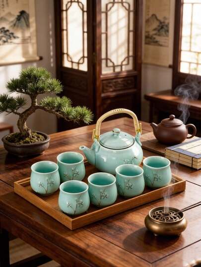 Juego de té de porcelana blanca japonesa, incluye 1 tetera, 6 tazas de té, 1 bandeja de té, 1 colador de té de acero inoxidable, juego de té de estilo asiático lindo, adecuado para adultos/amantes del té/mujeres/hombres, adecuado para la oficina, tomar té diario con amigos (Patrón de flor de ciruelo dorado)